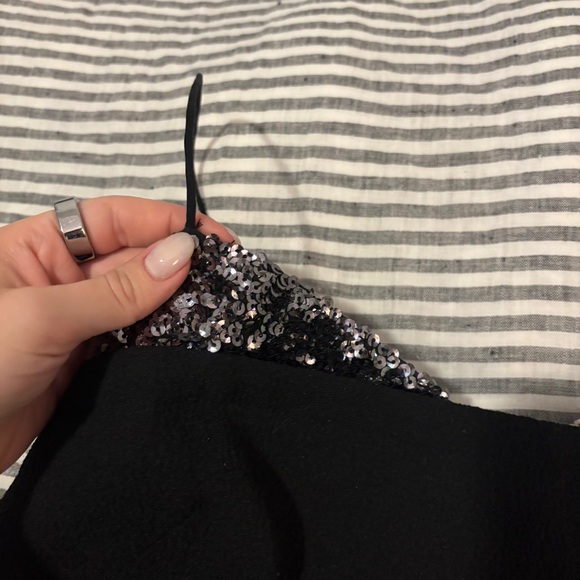 Vintage silk dress with real feather trim and silver sequins black mini midi - Picture 6 of 16